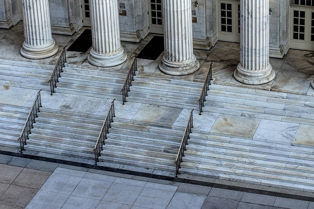 Looking down on courthouse steps